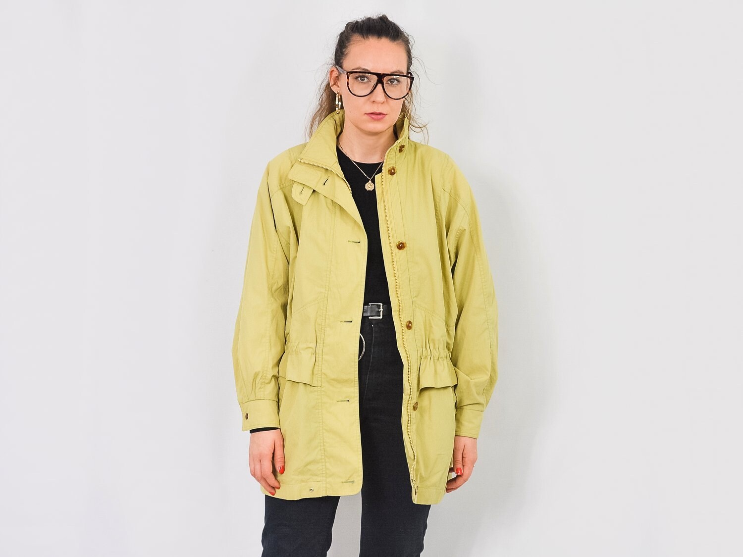 Yellow Jacket Vintage 80's Spring Parka Tied Waist Coat Hooded Shoulder Pads Women L/xl