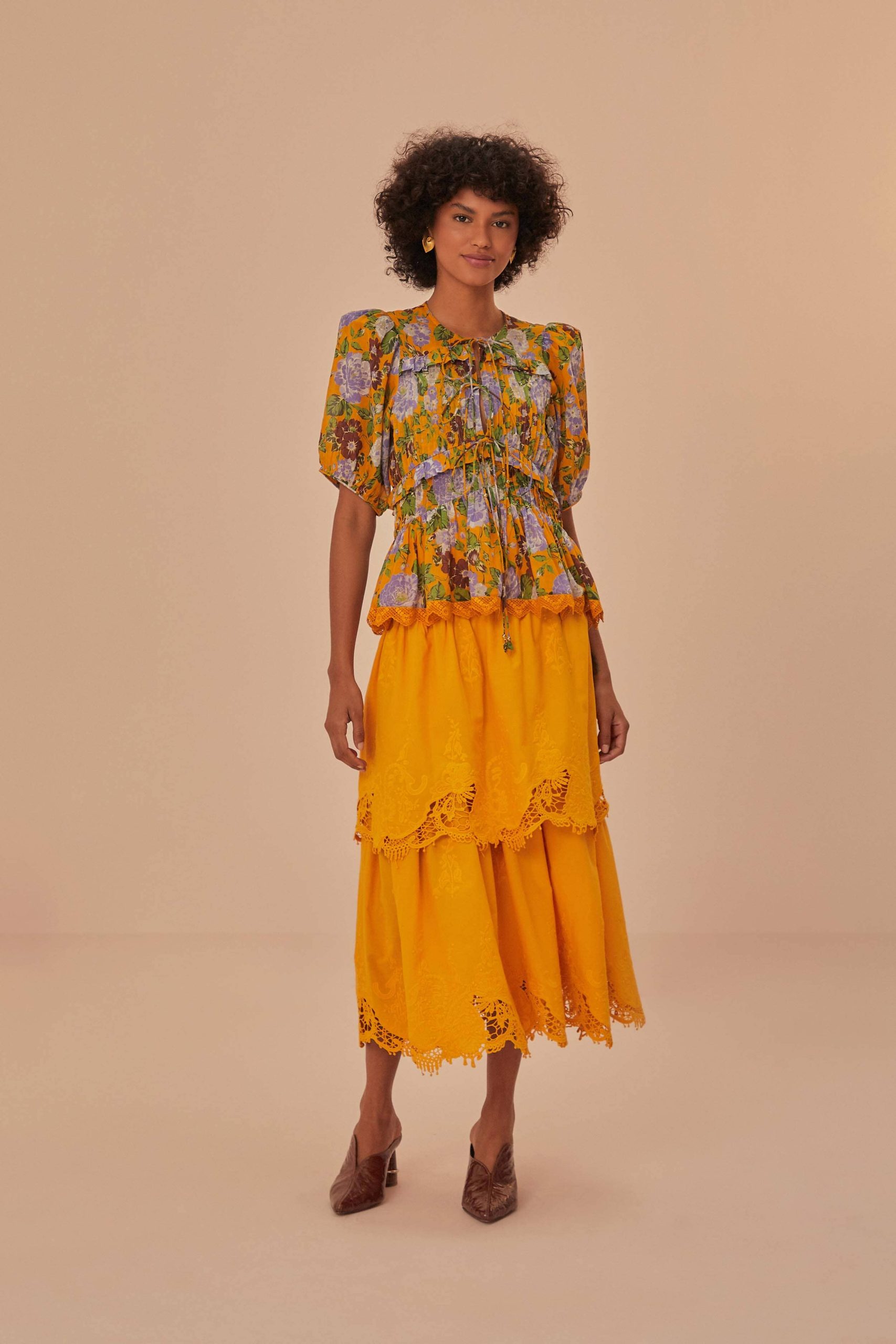 Yellow Mustard Tiered Lace Midi Skirt, MUSTARD / XXS