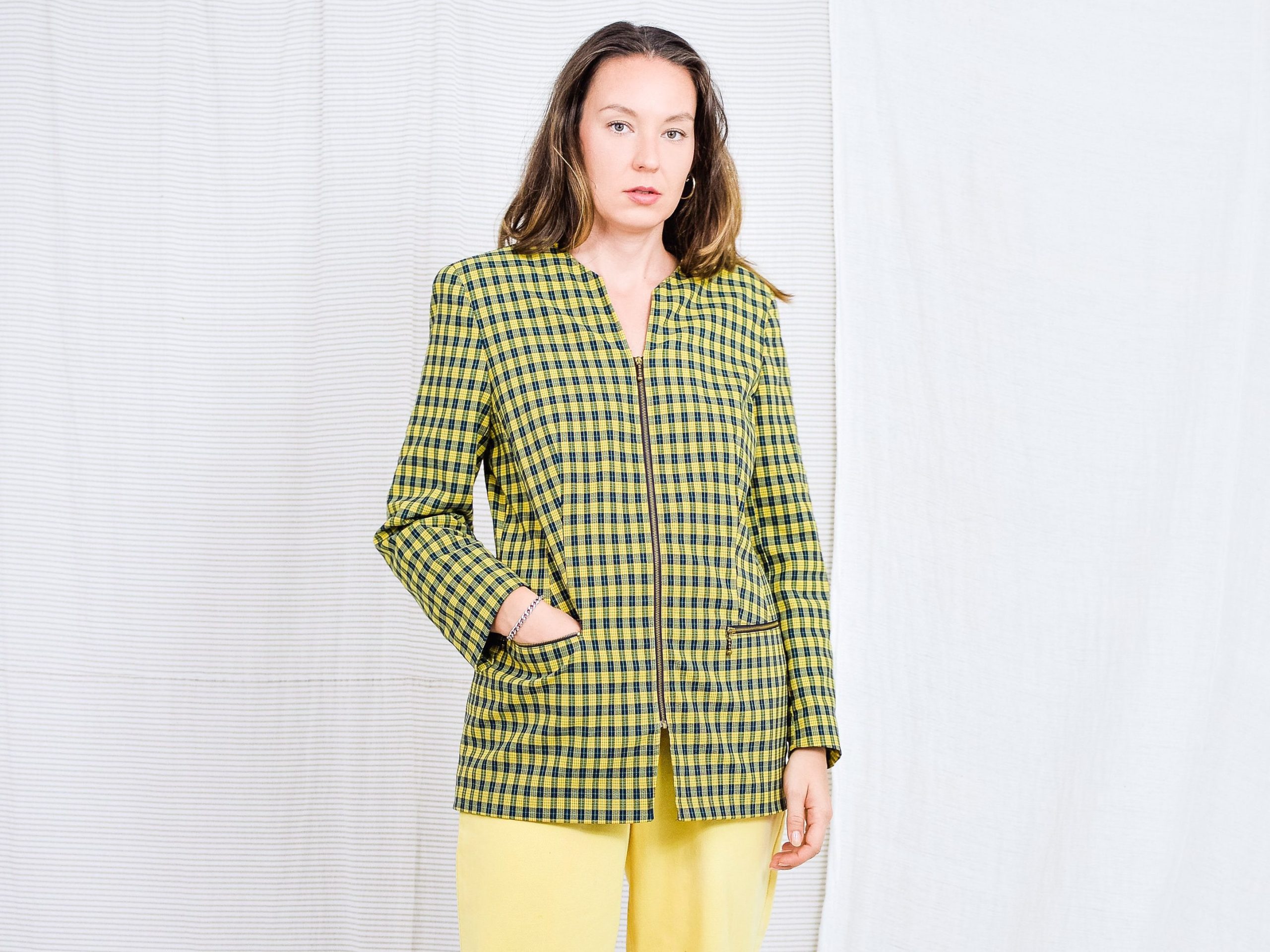 Yellow Plaid Blazer 80S Check Jacket Kombi Mode Vintage Checkered Zipped L Large