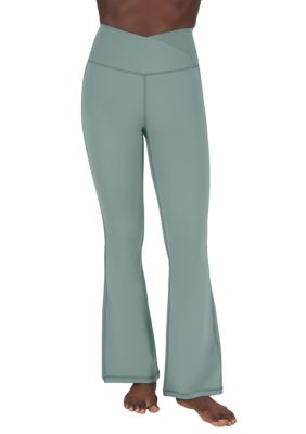 Yogalicious Women's Lux Madison Crossover Elastic Free Waistband with V-Back and Ankle Flared Pants, Green, XS