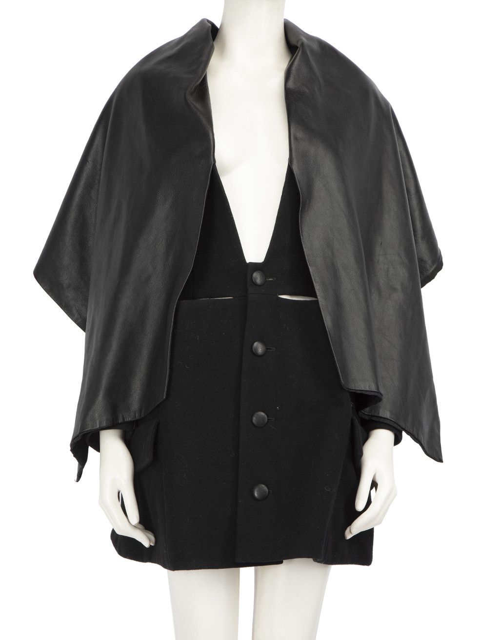 Yohji Yamamoto Black Leather Wrap Collar Wool Coat, Women's (Size Medium)