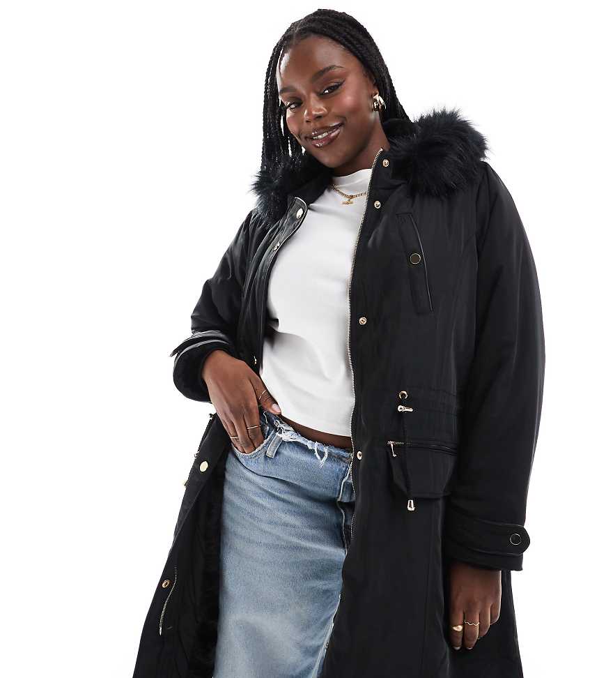 Yours parka jacket with faux fur hood in black