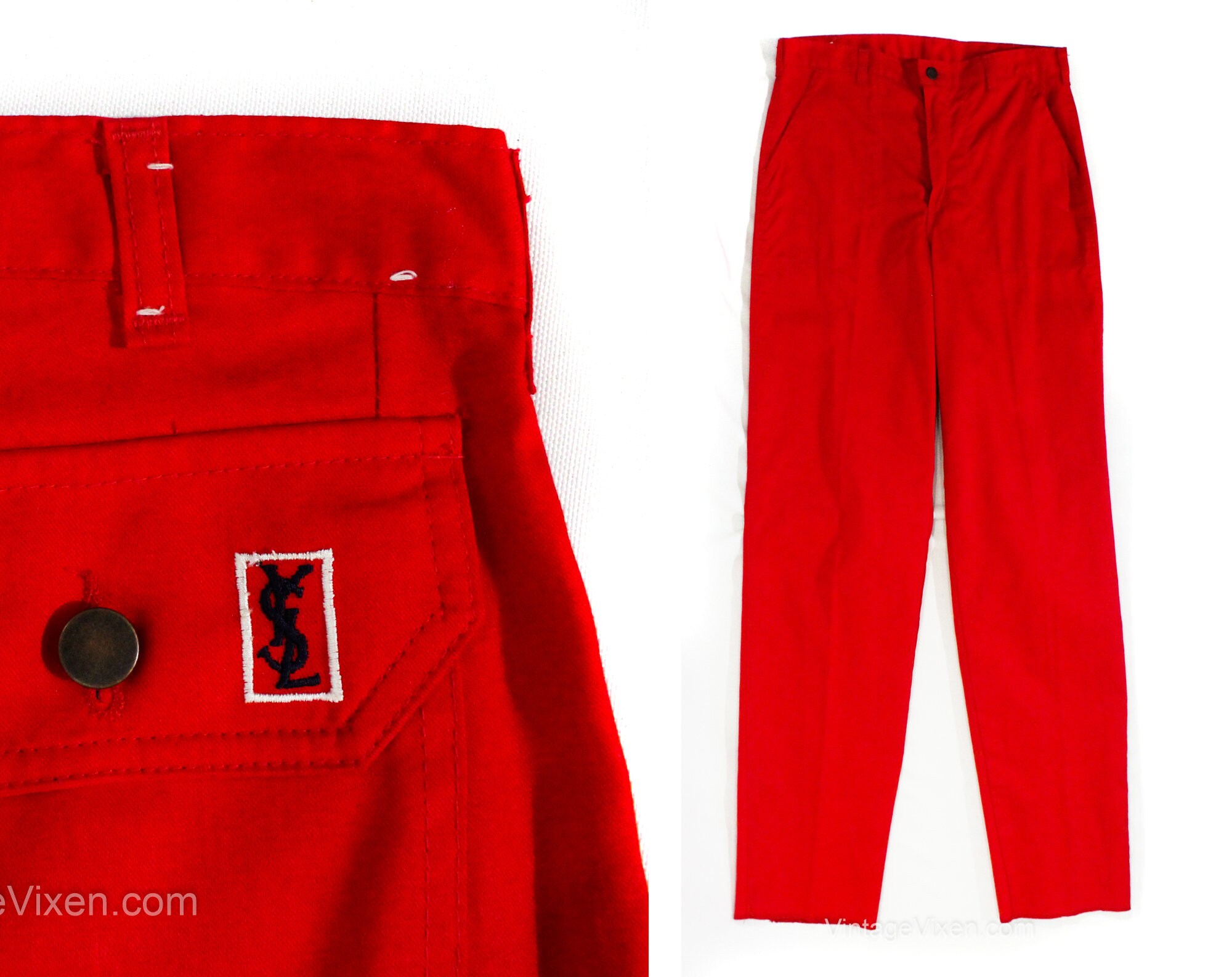 Ysl Red Pants With Logo Pocket - Ladies' Cotton Canvas Tailored Yacht Resort Wear Yves St Laurent Made in Us Large Size 12 Waist 31.5