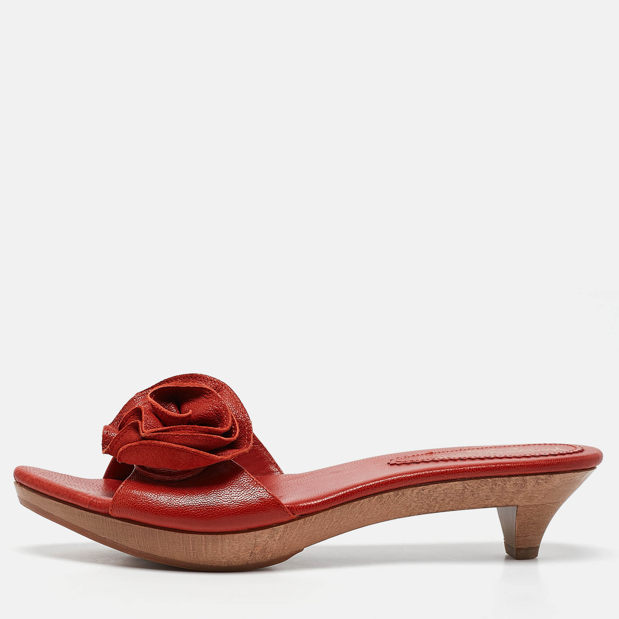 Yves Saint Laurent Red Leather Flower Applique Clogs Size 39