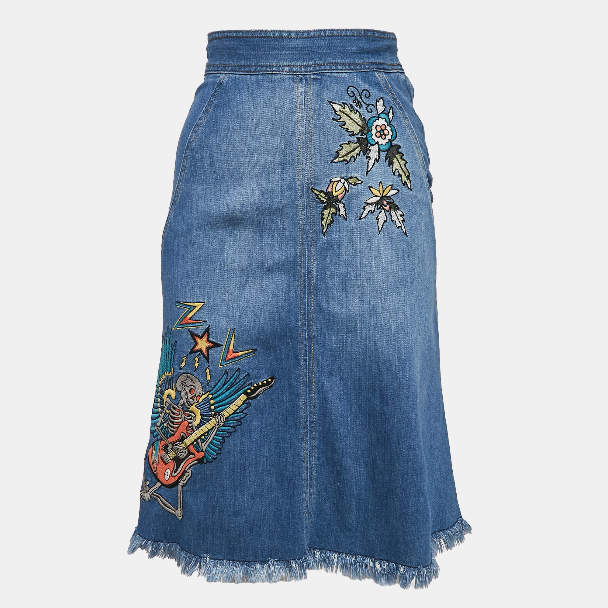 Zadig & Voltaire Blue Embroidred Denim Jamille Brode Deluxe Knee-Length Skirt S