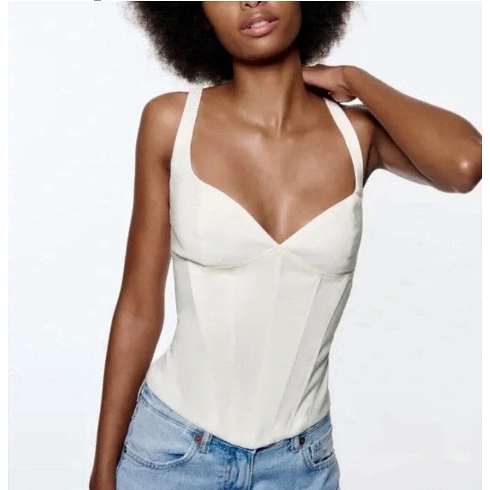 Zara White Corset Square Neck Top Size L, Women's