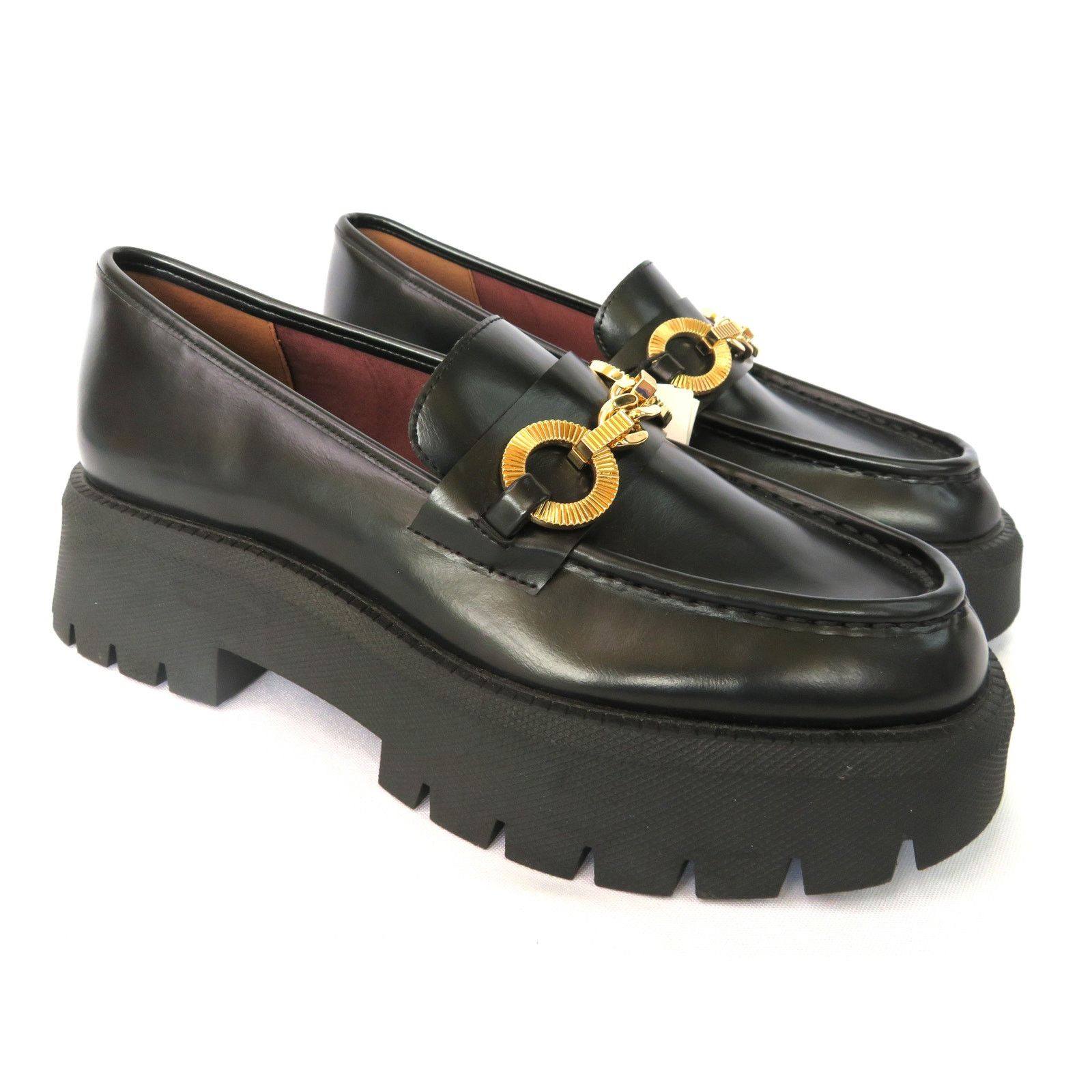 Zara Women Black Chunky Lug Sole Loafers W/ Gold Ring (Size 9)