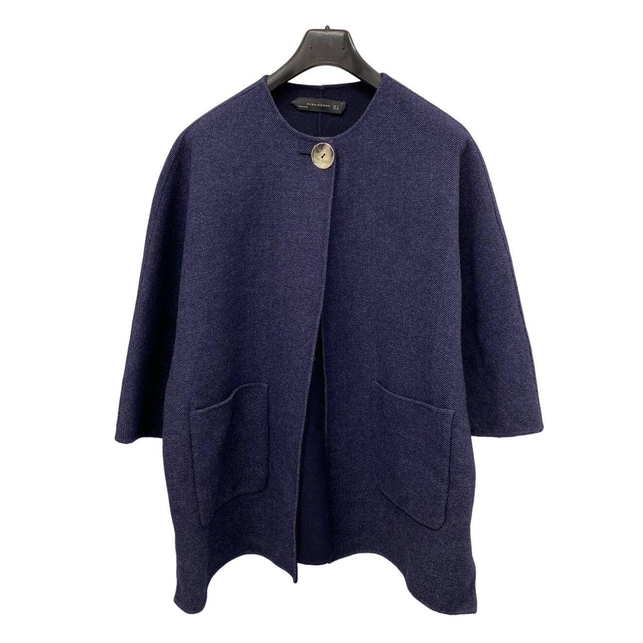 Zara Wool Blend Cape Coat Size L Navy Blue Oversized, Women's