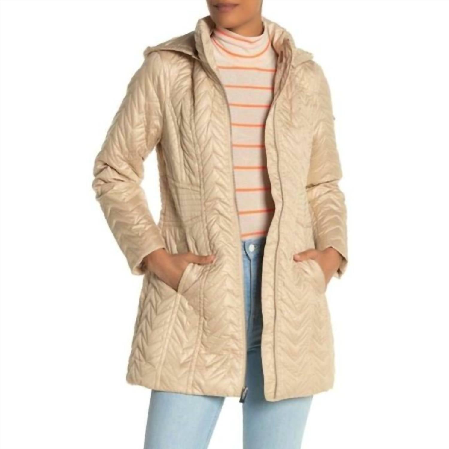 Zigzag Quilted Mid-Length Detachable Hood Puffer Jacket In Beige