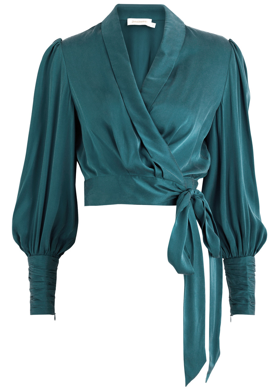 Zimmermann Cropped Washed Silk Wrap top - Teal - 2 (UK 12 / M)