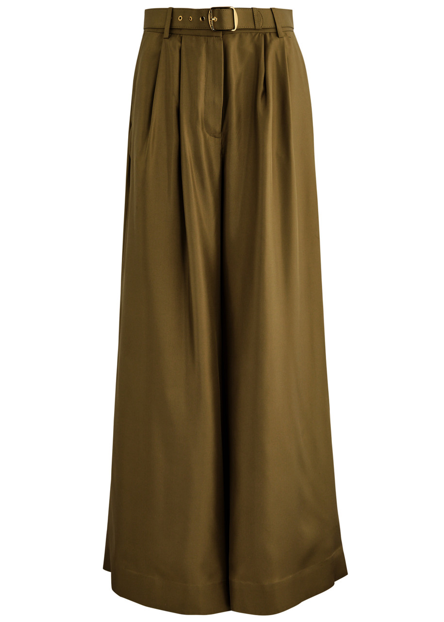 Zimmermann Crush Belted Flared-leg Silk Trousers - Olive - 4 (UK 16 /xL)