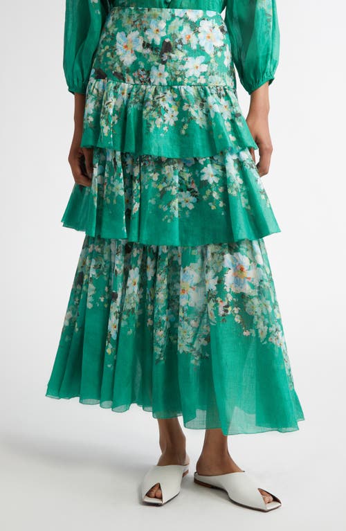 Zimmermann Everley Floral Tiered Ramie Skirt in Green Watercolour Floral at Nordstrom, Size 1