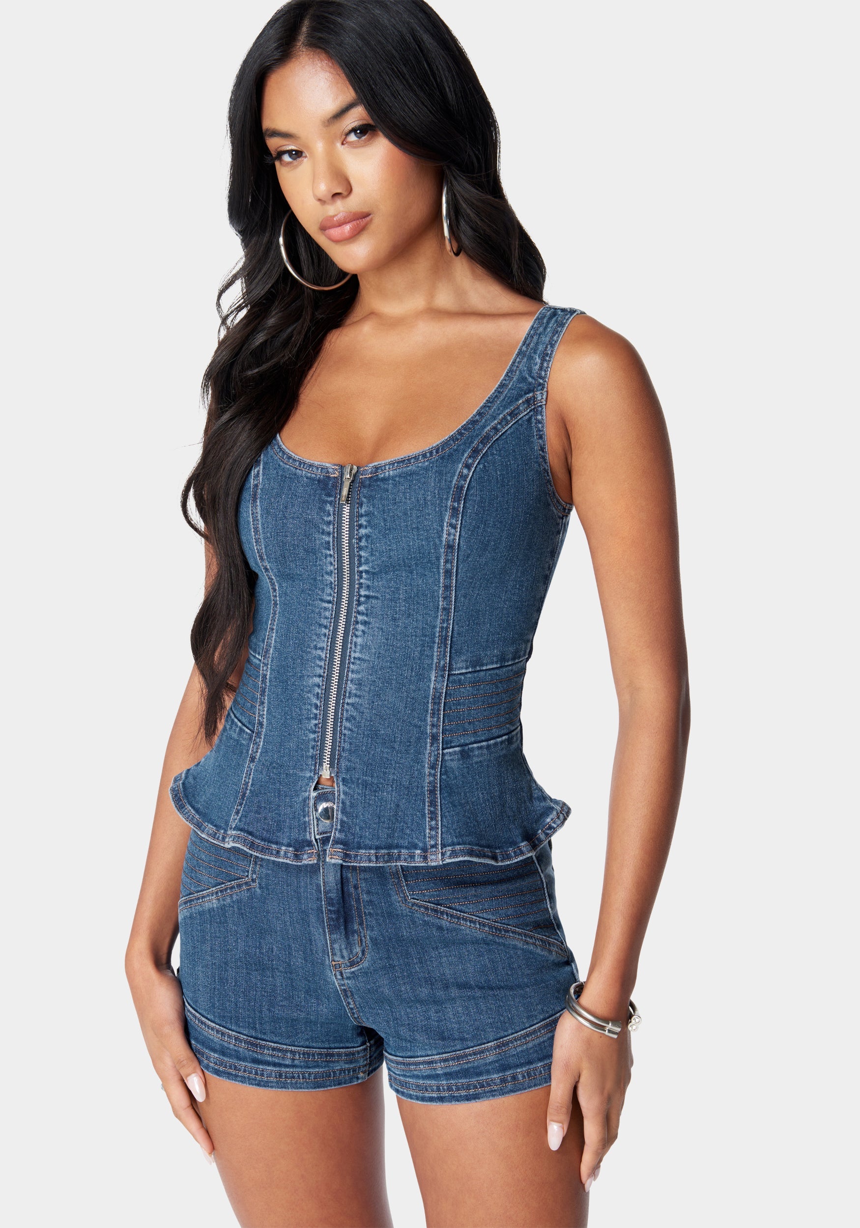 Zip Front Peplum Denim Top