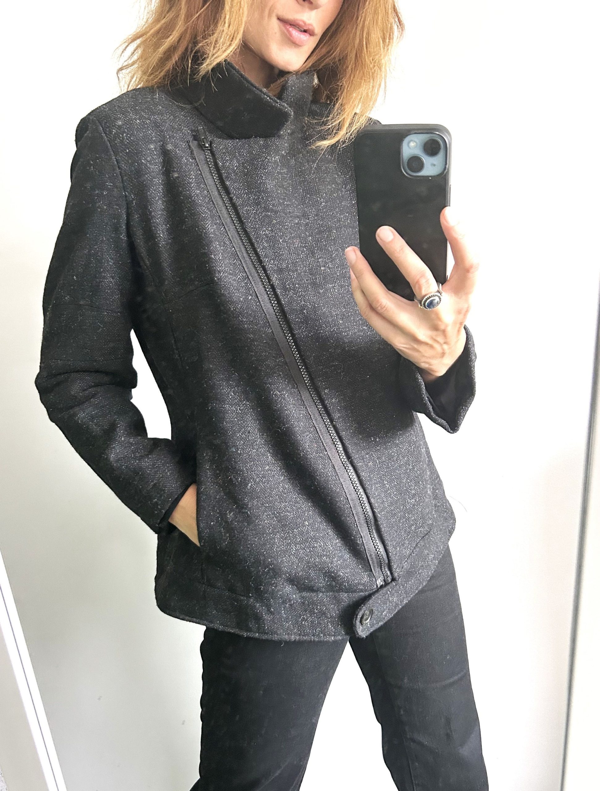 Zip Gray Jacket/Crop Wool With Diagonal Casual Coat Asymmetrical - Large