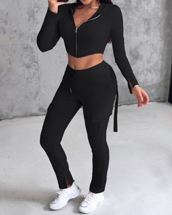 Zipper Design Crop Hoodie & Drawstring V-cut Waistline Cargo Joggers Sweatpants Set