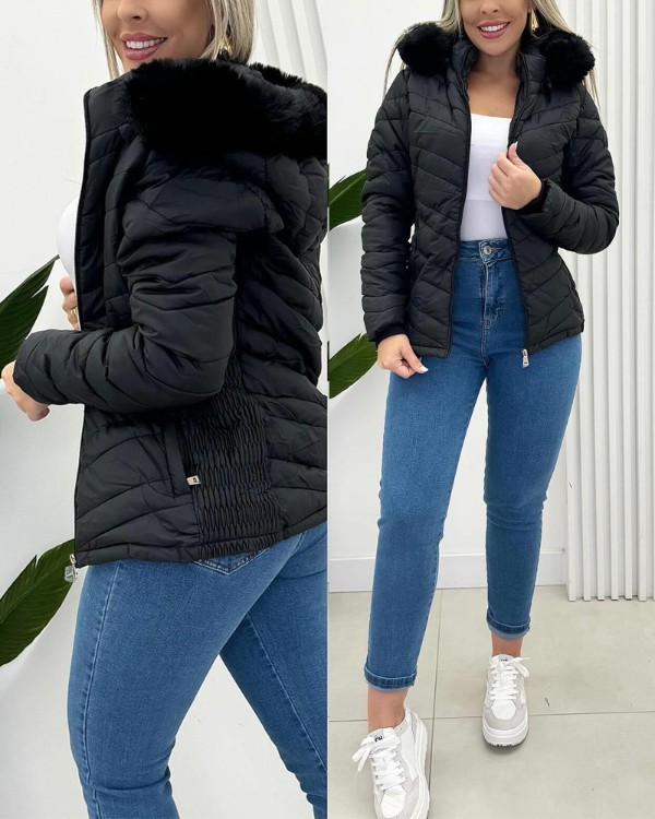 Zipper Pocket Design Shirred Fuzzy Trim Fleece Lined Hooded Puffer Jacket