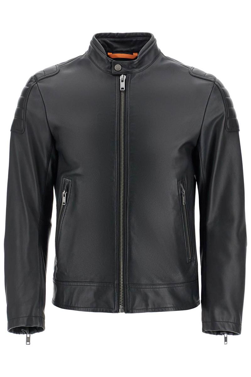 black leather jacket with high collar and quilted details