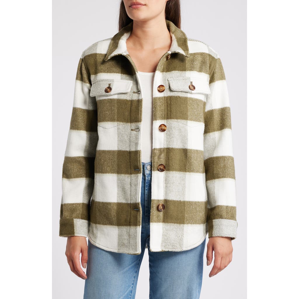 caslon(r) Plaid Brushed Flannel Shacket in Olive Burnt Thea Check at Nordstrom, Size Xx-Small