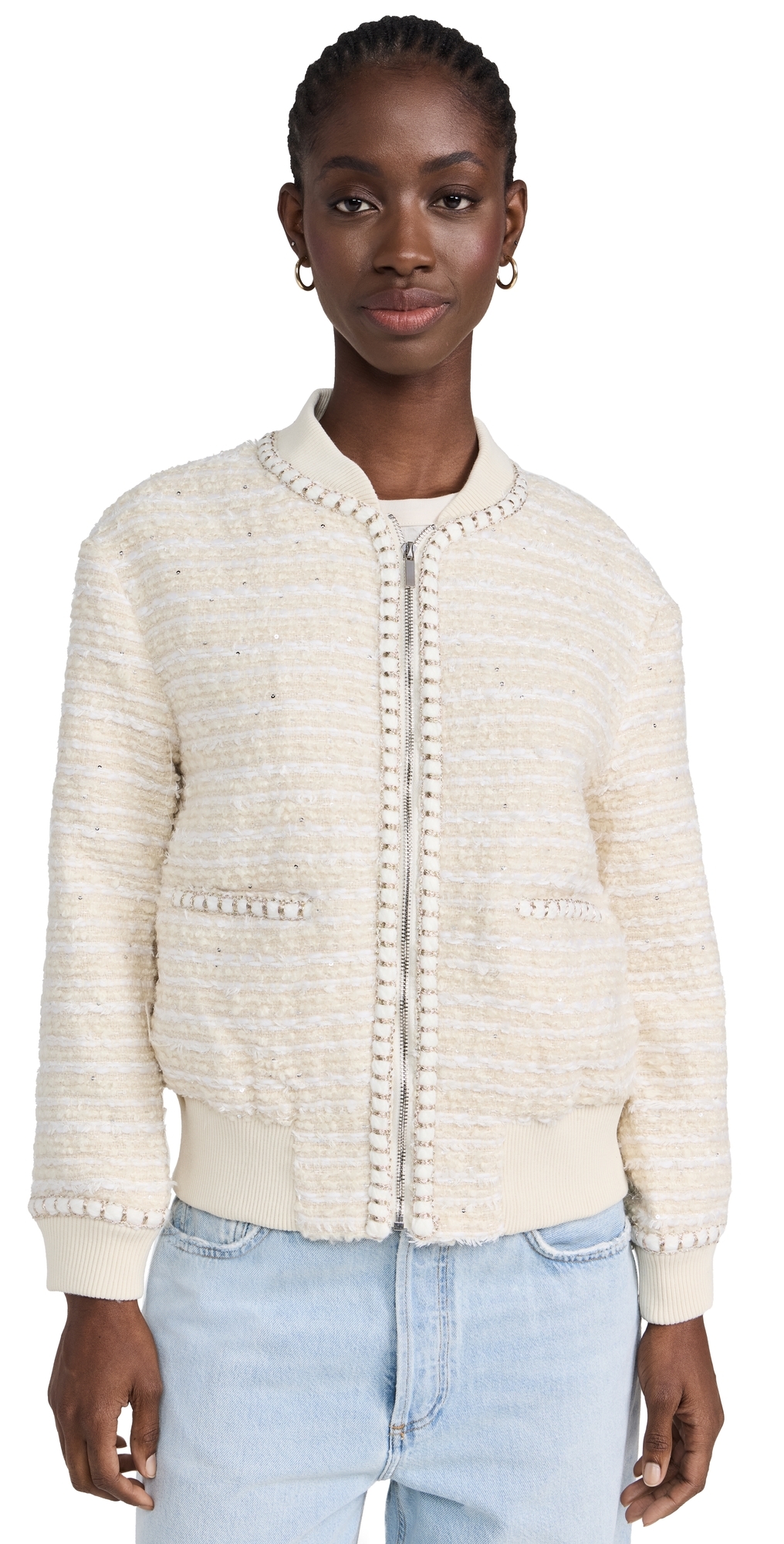 endless rose Tweed Bomber Jacket Ivory S