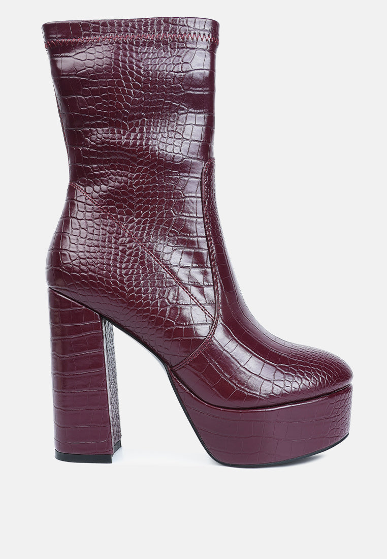 feral high heeled croc pattern ankle boot