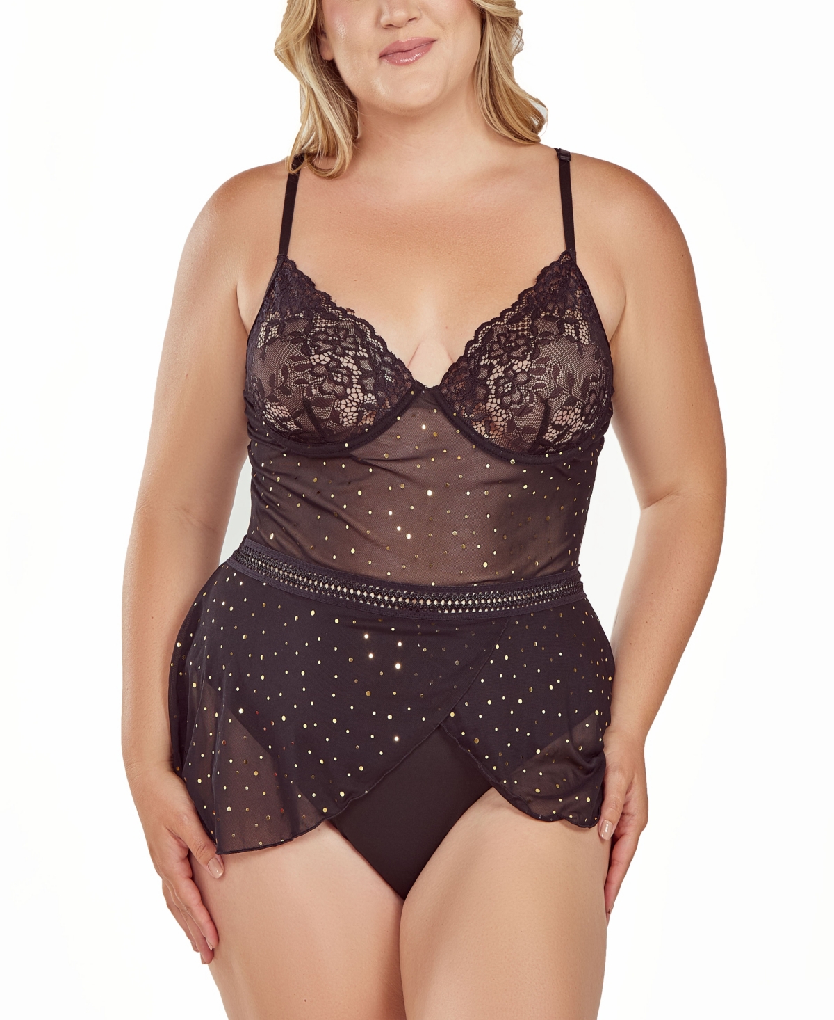 iCollection Plus Size Glitter and Lace Lingerie Bodysuit - Black