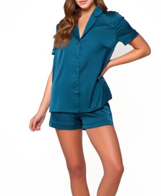 iCollection Women's Marguerite Stretch Satin Notched Collar Top and Relaxed Elastic Waist Shorts. Top Back Has Elegant Embroidered Lace and Mesh, Teal