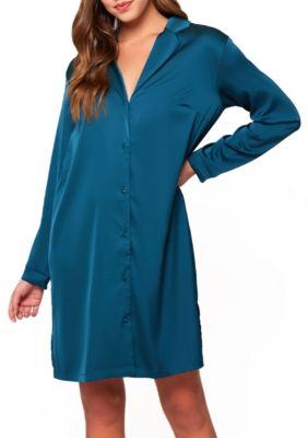 iCollection Women's Marguerite Stretch Satin Relaxed Sleep Shirt W/ Embroidered Lace on Mesh Patterned with Satin Back. Shirt has Double Bottom Side