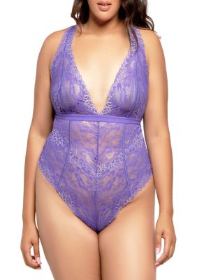 iCollection Women's Plus Size Eva Lace Bodysuit, Purple