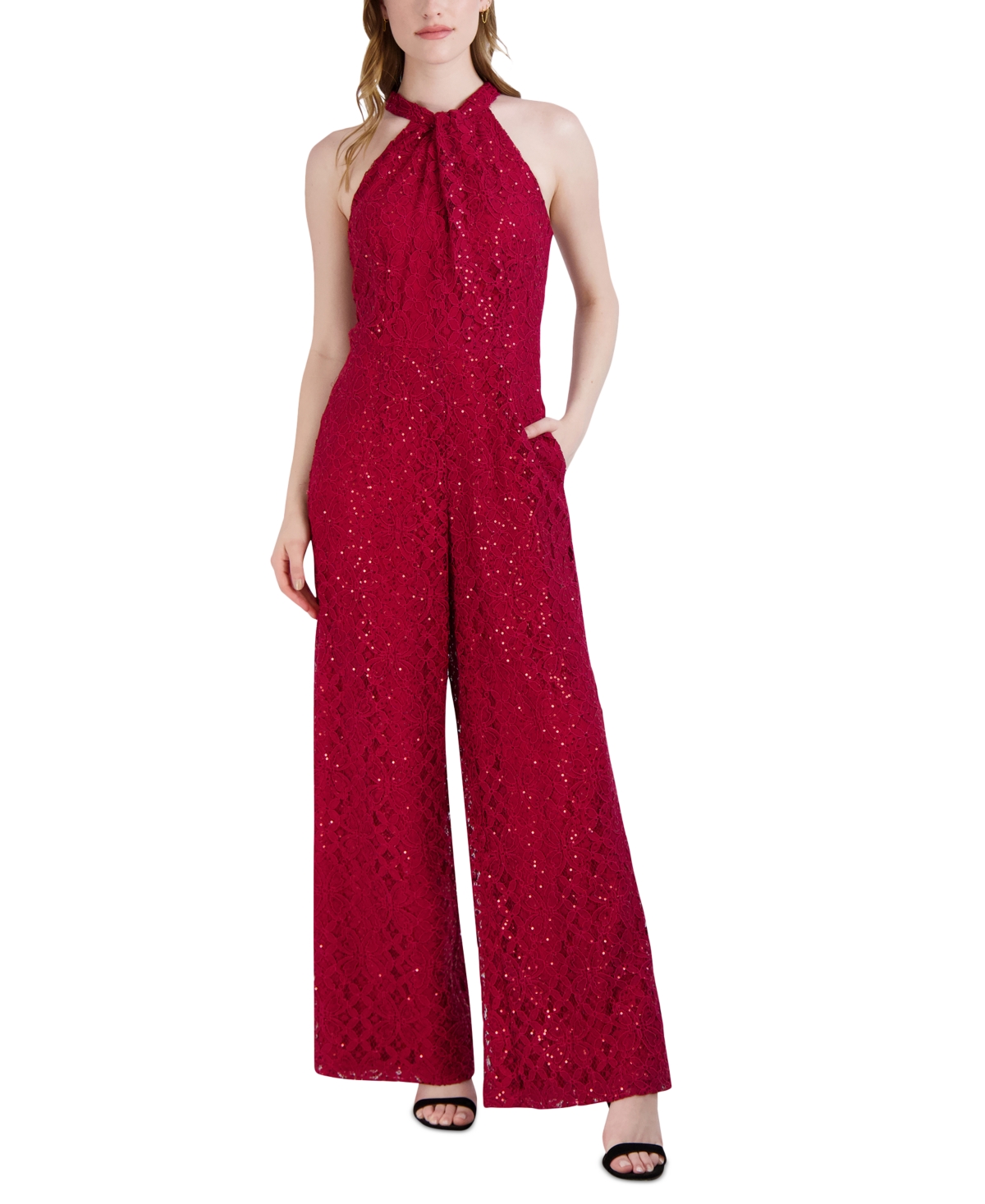 julia jordan Women's Sequin-Lace Halter Twist-Neck Jumpsuit - Crimson