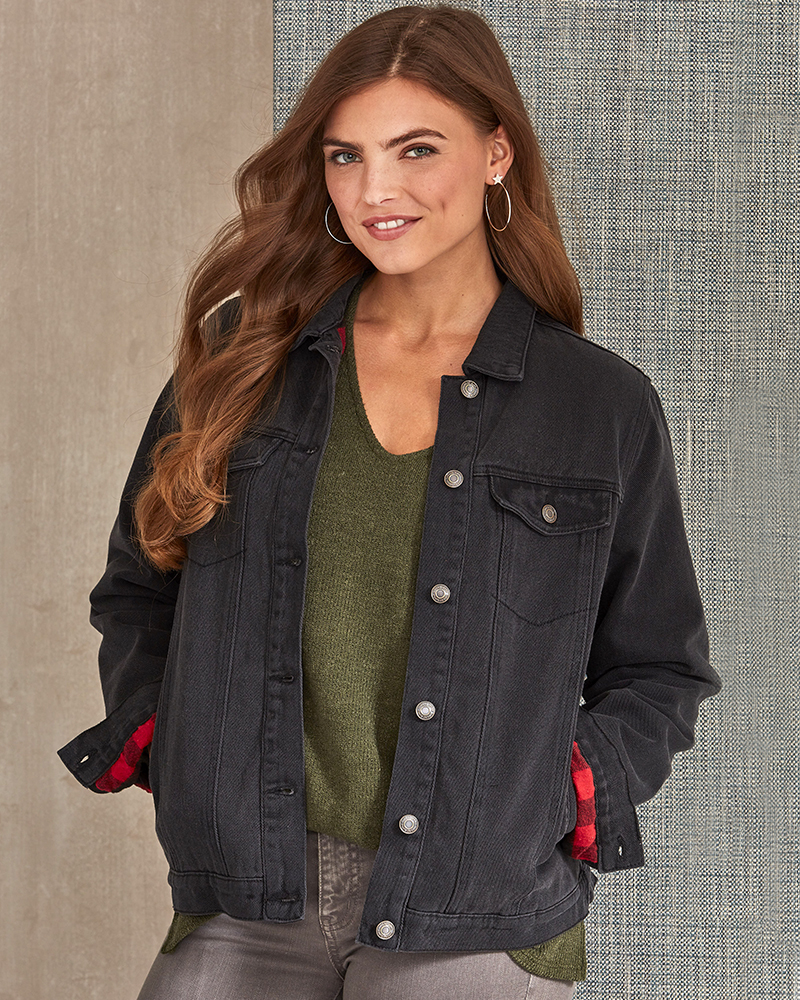 mia & tess Black Denim Jacket with Buffalo Plaid Lining