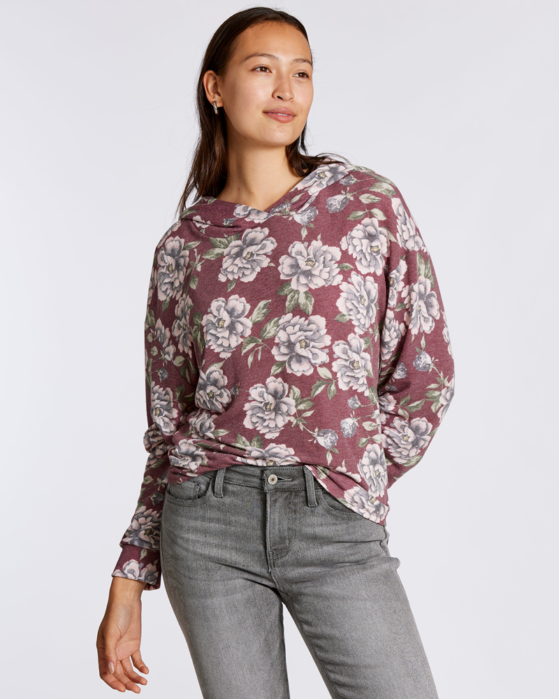 mia & tess Floral Patterned Knit Hoodie Top in Burgundy