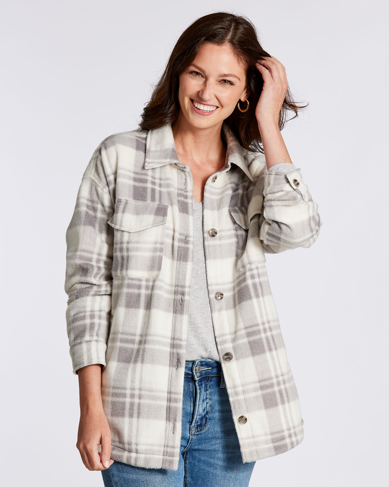 mia & tess Plaid Patterned Button Up Shacket in Grey and White