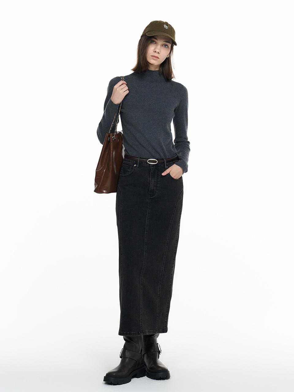 napping stretch denim long skirt [BLACK] / WBD4L13