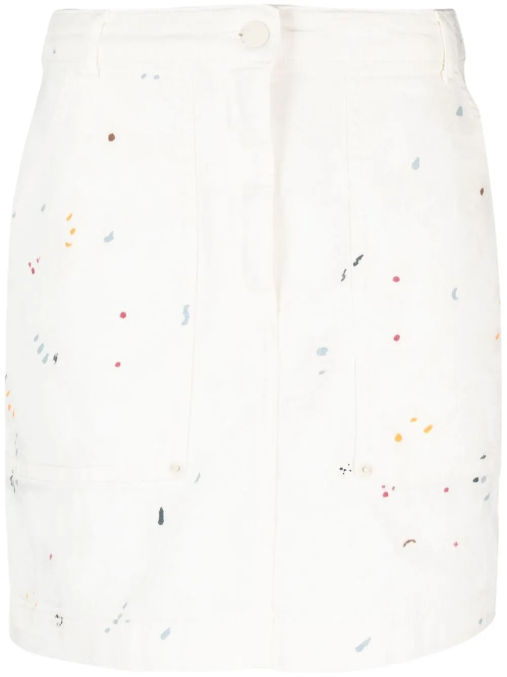 paint-splatter short denim skirt