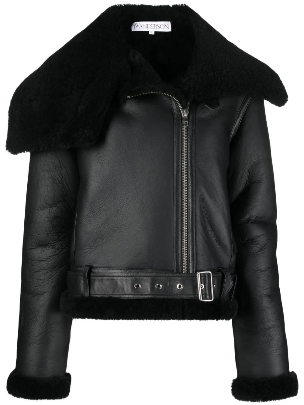 shearling-trim leather biker jacket