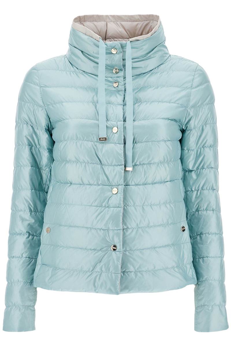 short puffer jacket in ice blue nylon with metal buttons