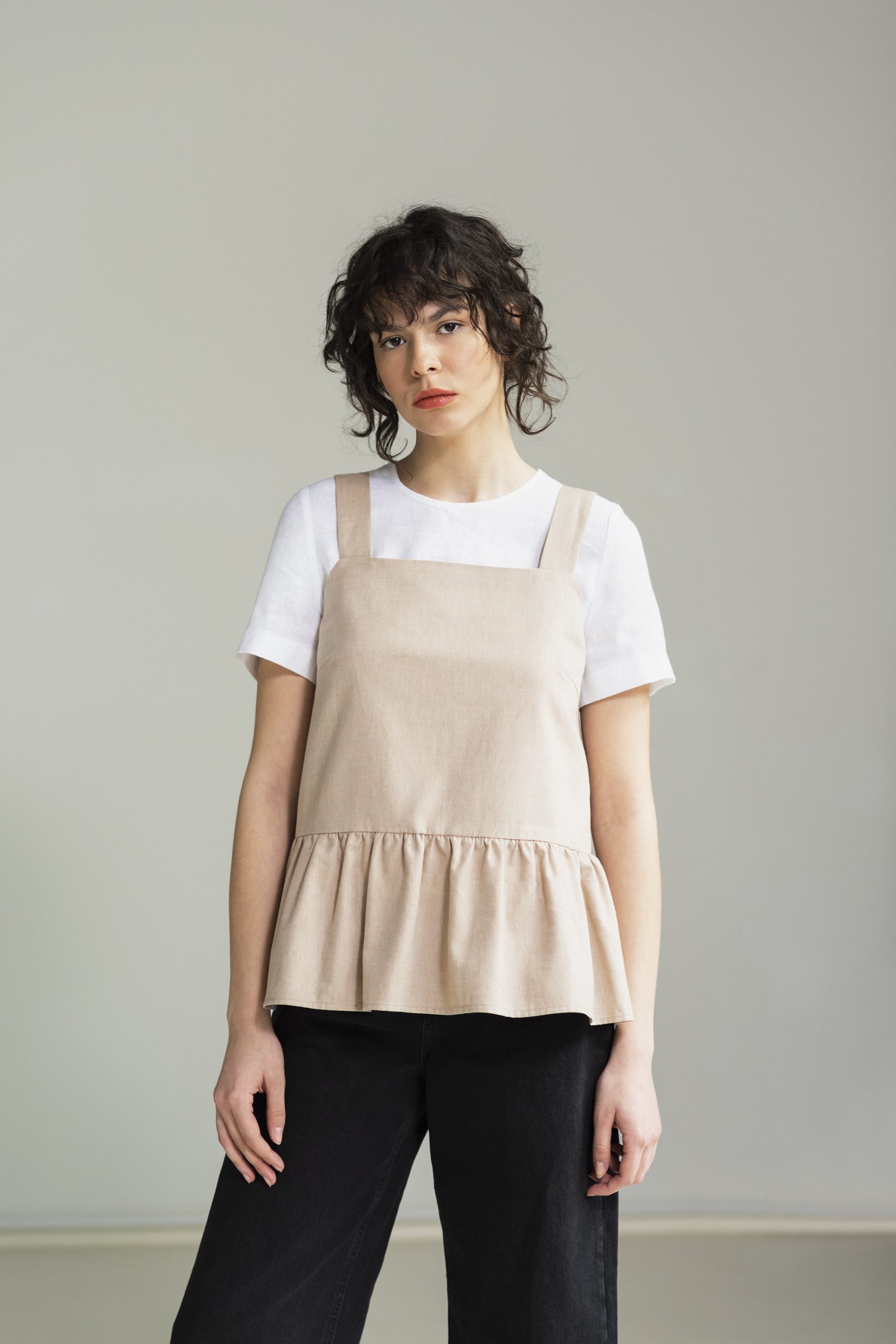 statement Top From High Quality Cotton Twill, Square Neckline Ruffled Trim Top, A-Line Peplum Ready To Ship