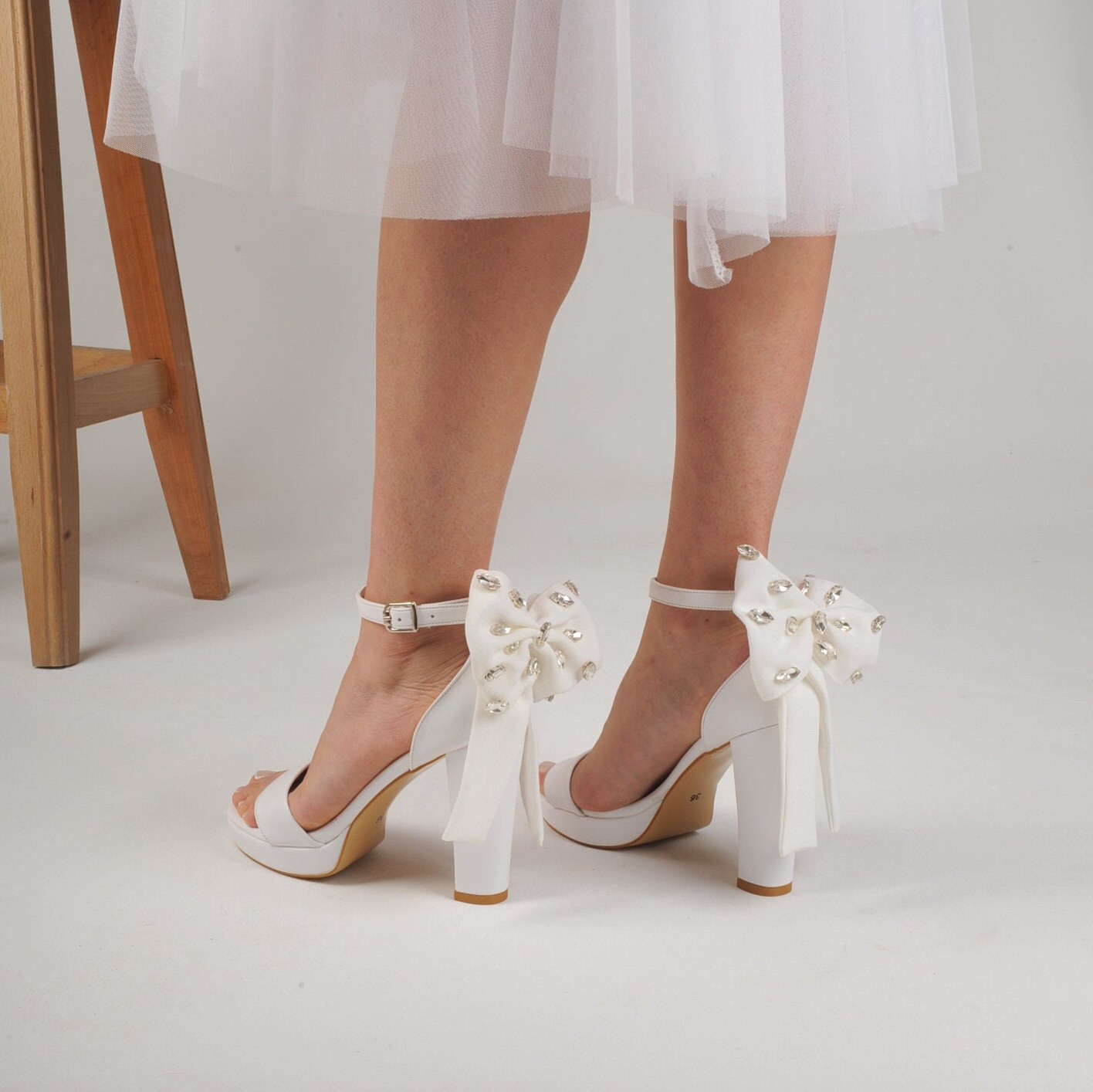 stones On Bow Unique White Wedding Shoes With Custom Options For Bridal, Handmade Block Heels Sandals Bride