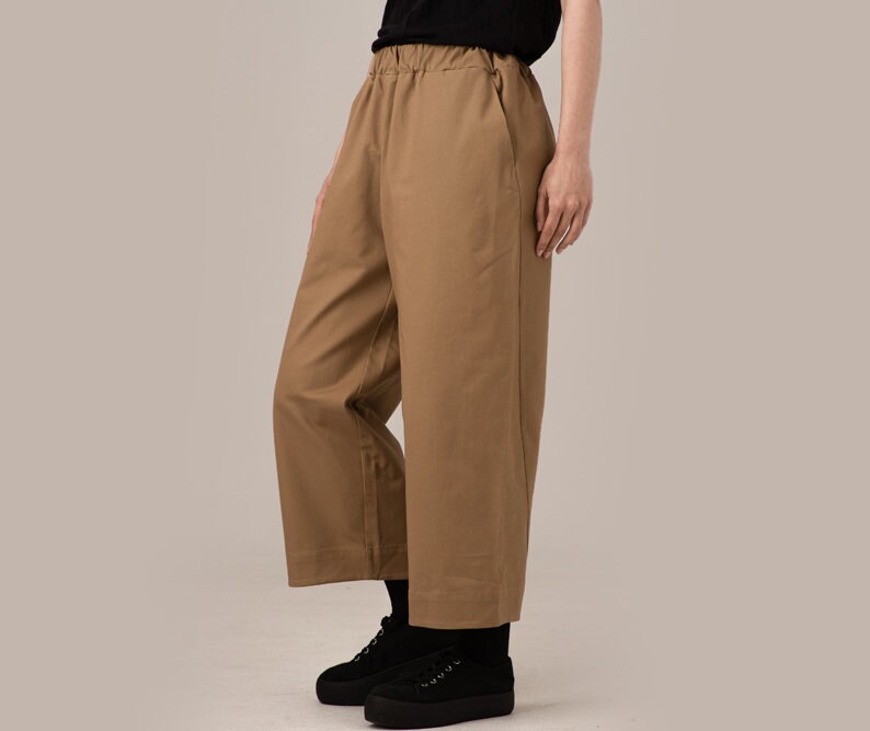 straight Leg Beige Pants, Cropped Wide Cotton Custom Oversized Elastic Waist Baggy Trouser Minimal Bootcut Pants