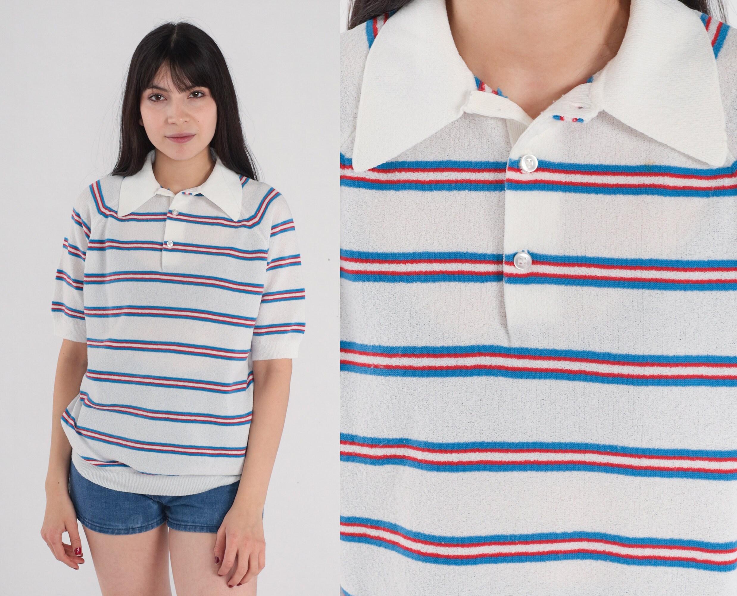 striped Polo Shirt 70S Collared Knit White Red Blue Retro Preppy Short Sleeve Banded Hem Hippie Seventies Top Vintage 1970S Medium M