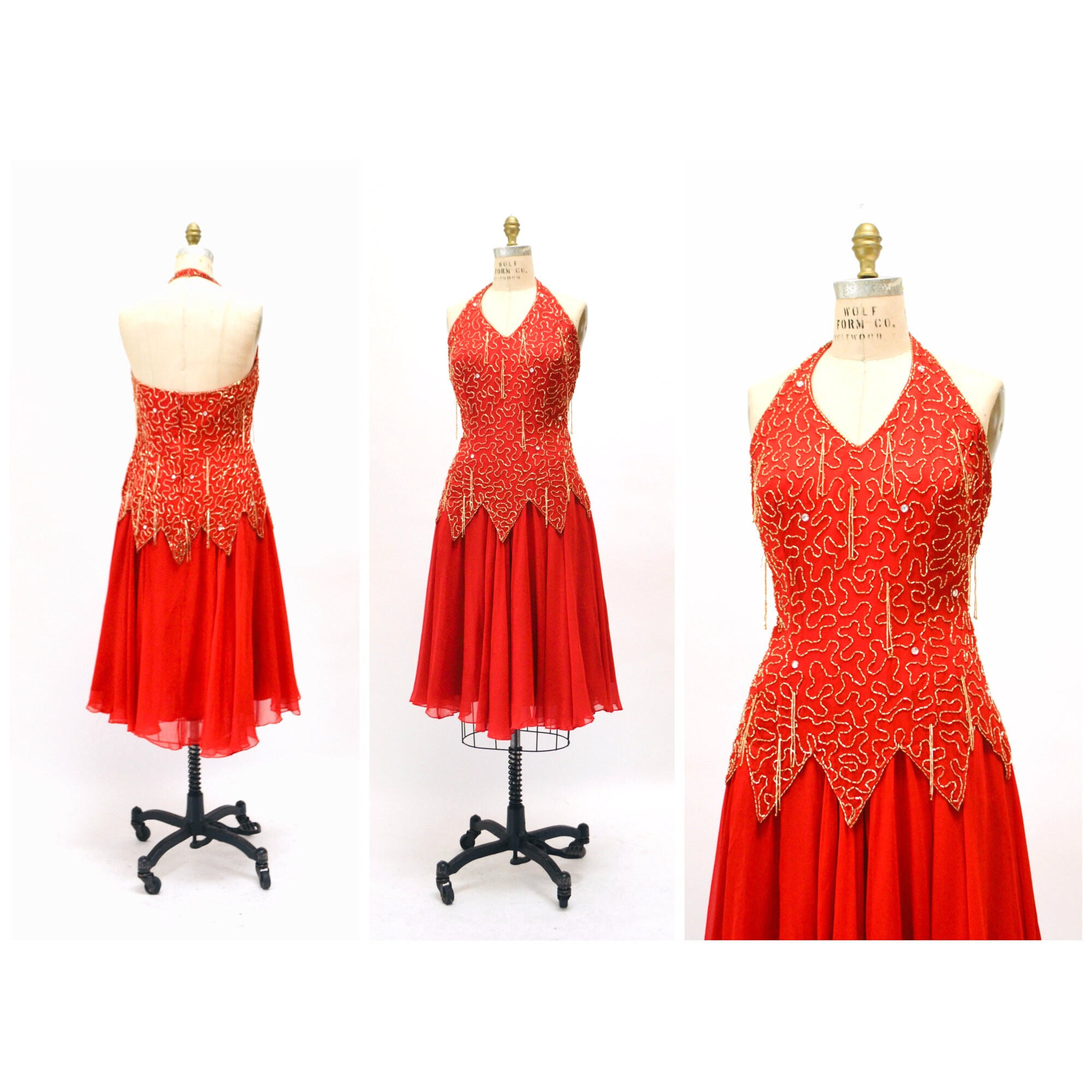 stunning 80S 90S Vintage Red Beaded Dress Medium Large// Fringe Pageant Halter Neck Showgirl Silk Chiffon