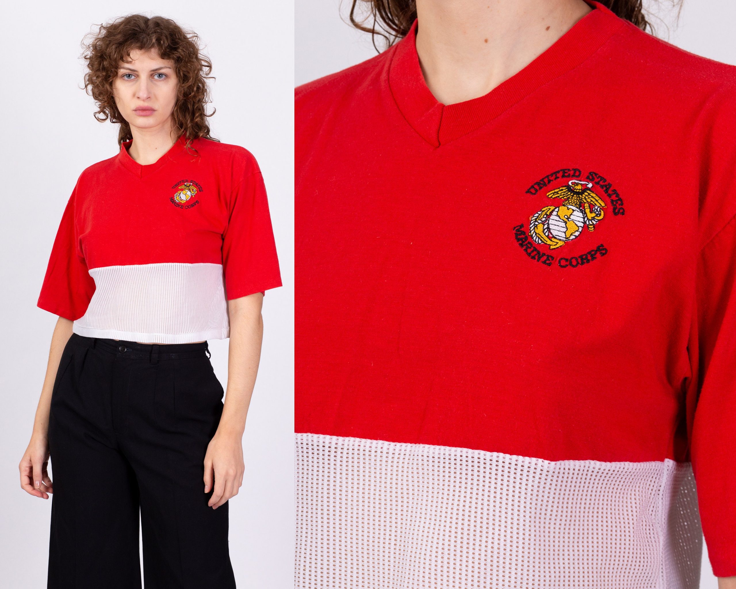 xl 80S Us Marine Corps Red Mesh Crop Top Tee | Vintage Usmc Graphic Cropped T Shirt