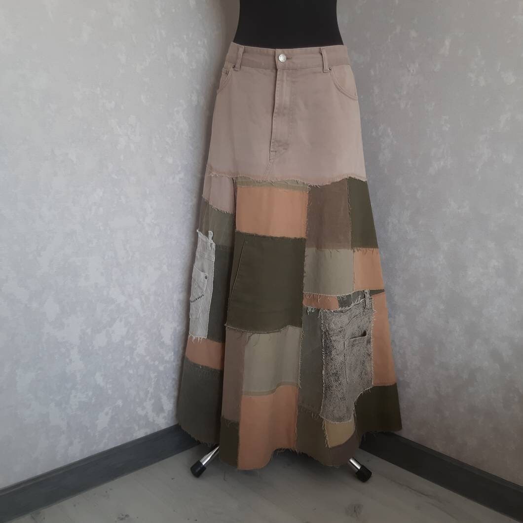 xl Denim Patchwork Skirt Waist 38", Casual Long Of Shabby Jeans, Multicolor Jean Maxi in Hipster Style