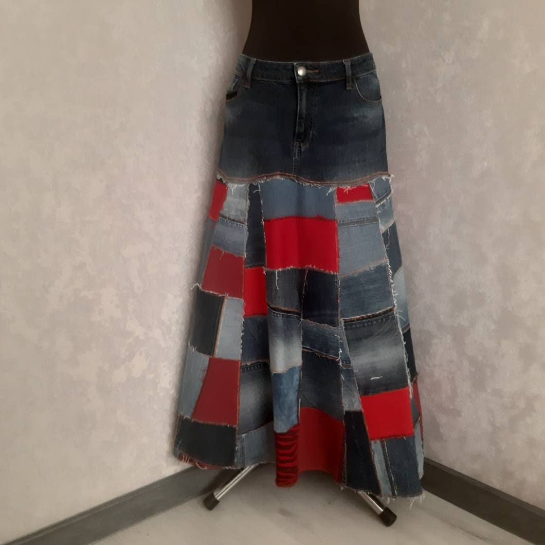 xl Gipsy Style Denim Patchwork Skirt Waist 39", Casual Long Of Shabby Jeans, Blue-Red Jean Maxi