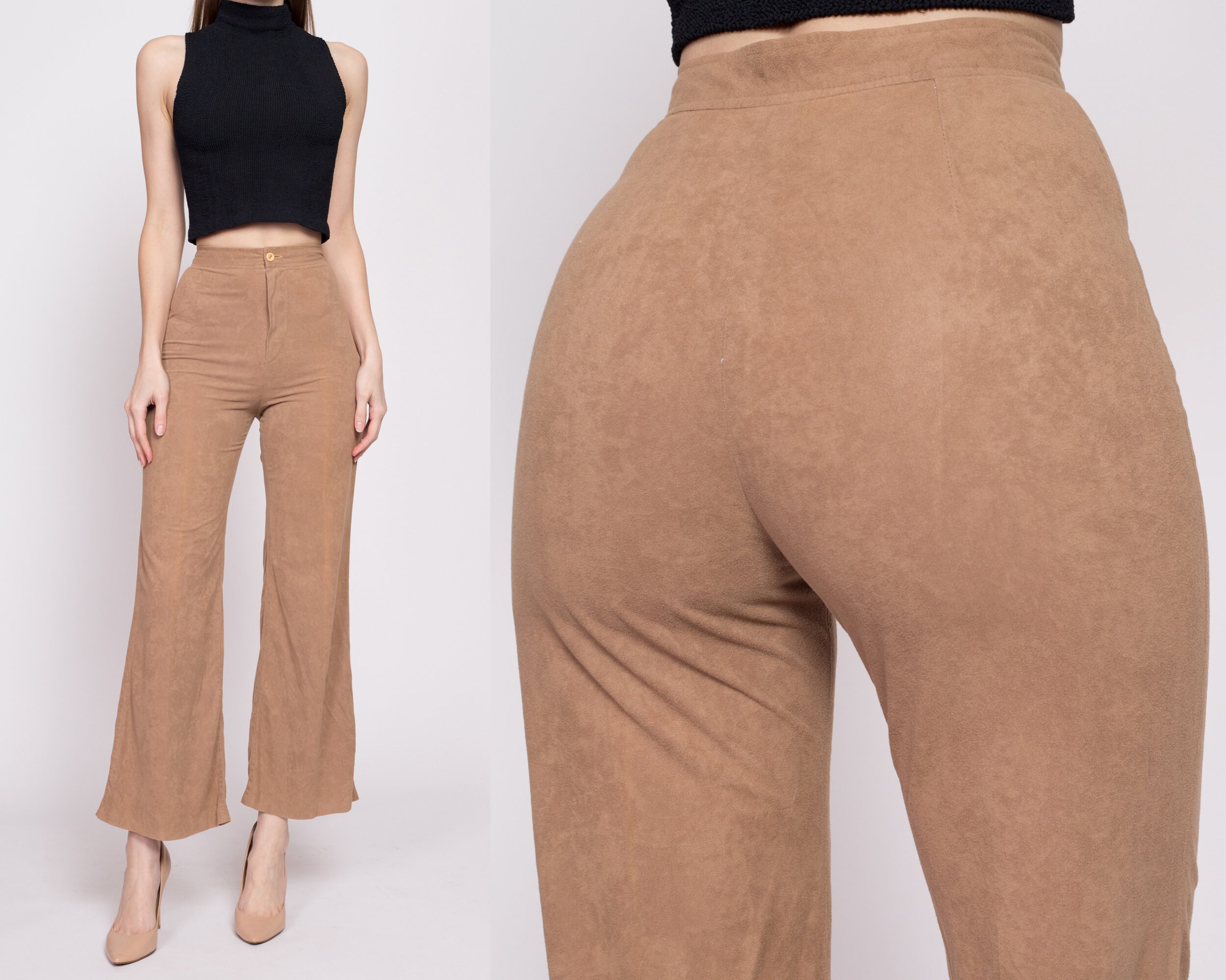 xs 70S Tan Ultrasuede High Waisted Pants 23.5" | Vintage Flared Light Brown Retro Trousers