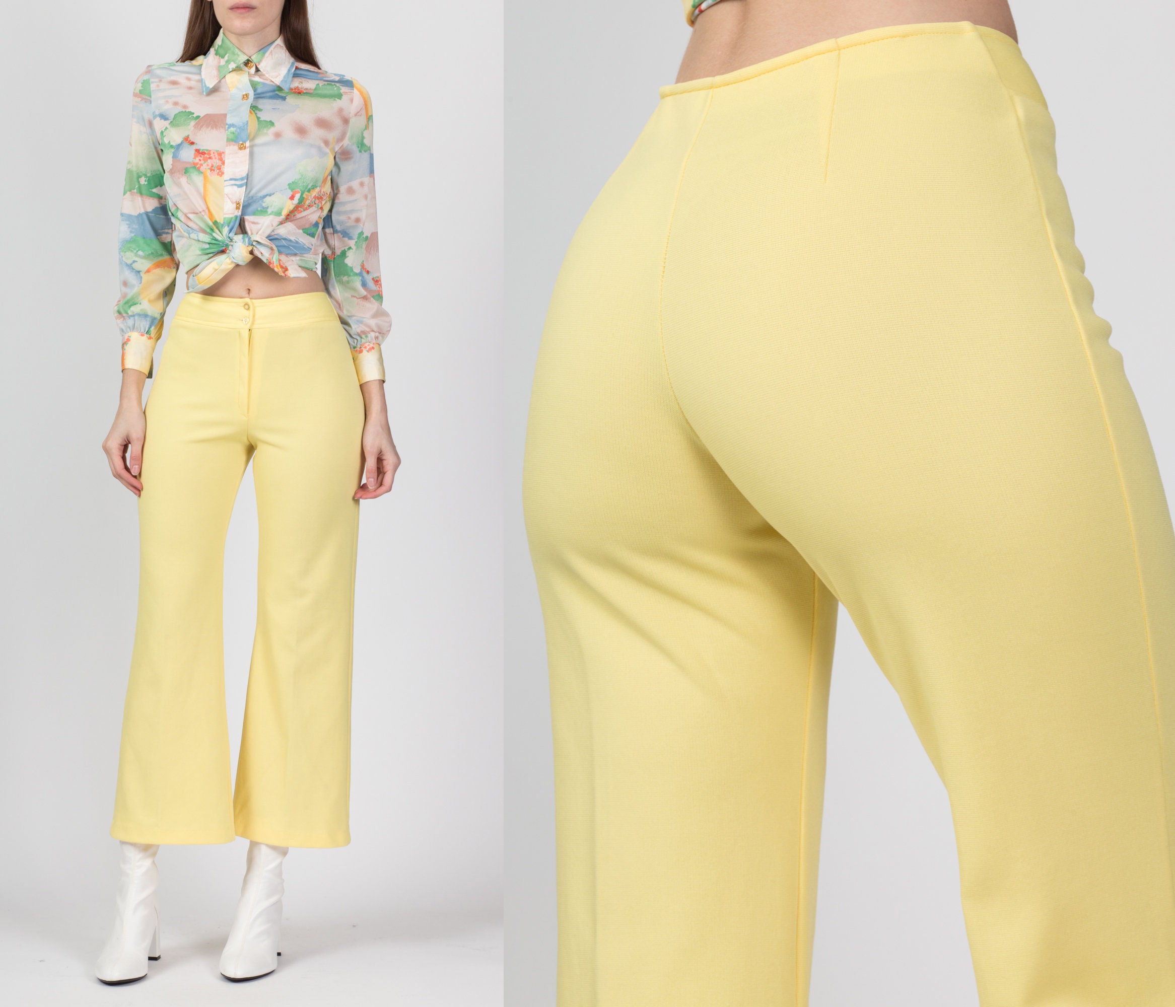 xs 70S Yellow Flared Pants 24" | Vintage High Waist Bootcut Retro Trousers