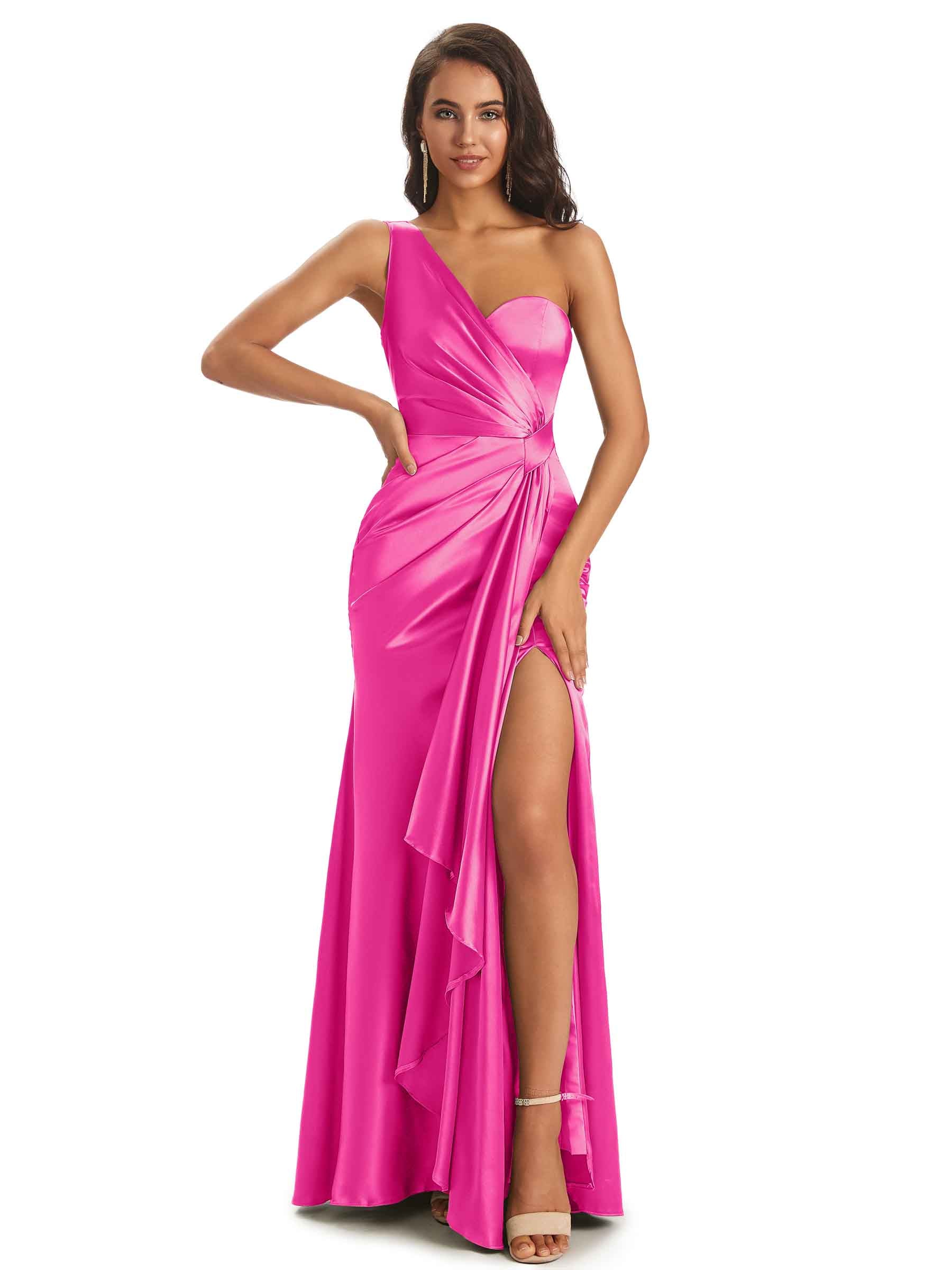 Elegant Soft Satin Side Slit One Shoulder Sexy Mermaid Long Boho Wedding Guest Dress