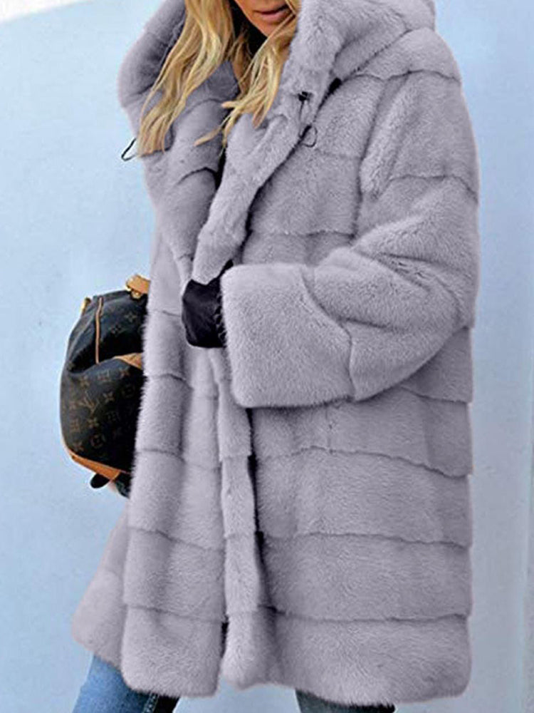 Faux Fur Hooded Jacket Open Front Parka Outwear - Grey M