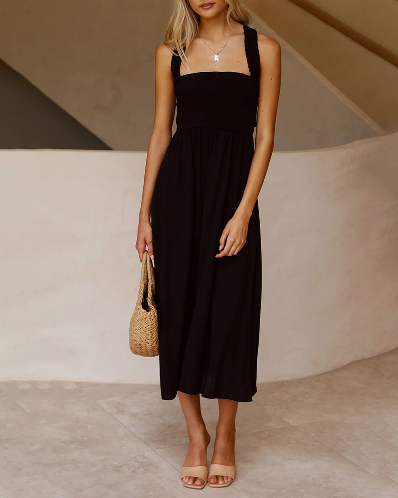 Elastic Waist Cross Straps Solid Casual Dress Sleeveless A-Line Summer Maxi Dress - Black M
