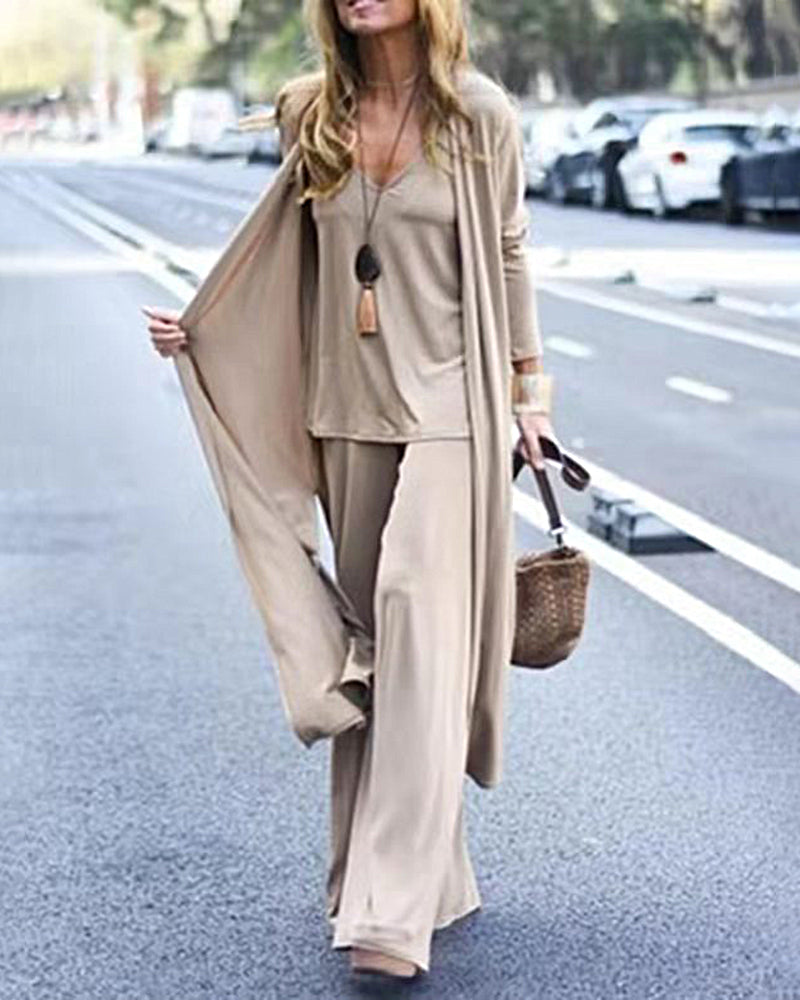 Zeagoo Women's Piece Lounge Set with Cardigan Sleeveless Cami Top and Wide Leg Pants Loose Pants Silk Soft Pajamas Set - Khaki M